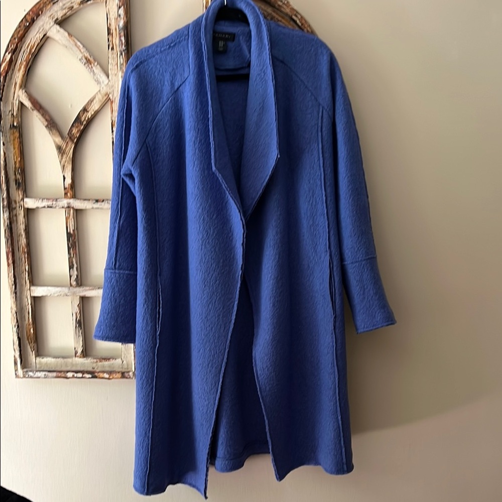 Tahari Periwinkle Blue Long Duster Jacket with Draped Lapel